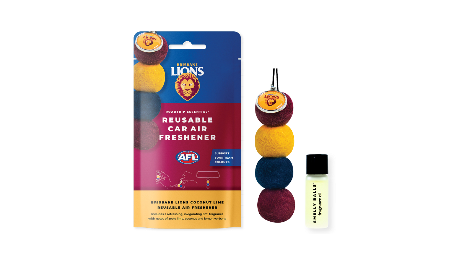 Smelly Balls Roadtrip Essential Brisbane Lions AFL Reusable Car Air Freshener