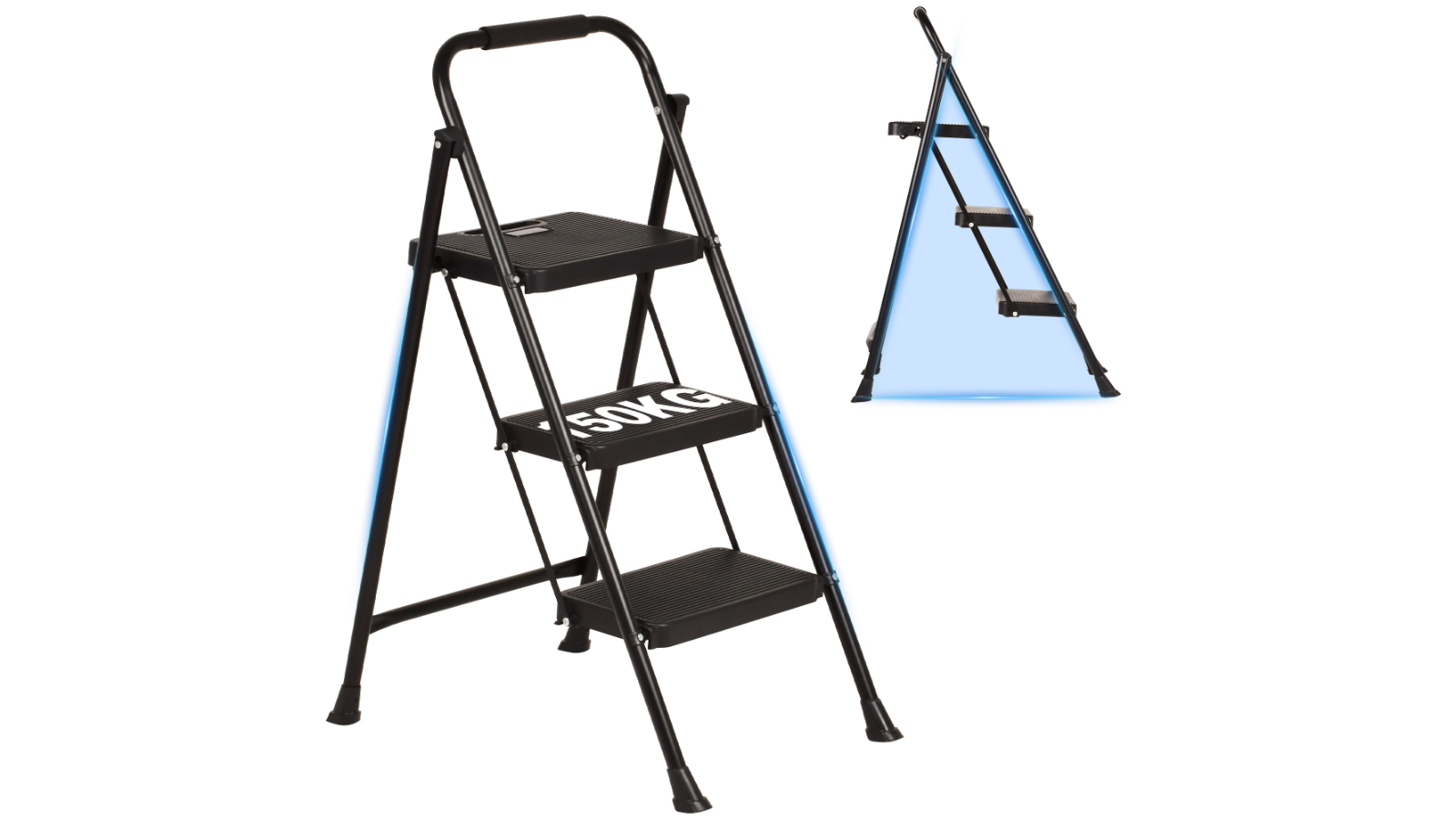 Advwin 3-Step Folding Steel Ladder with Wide Anti-Slip Pedals