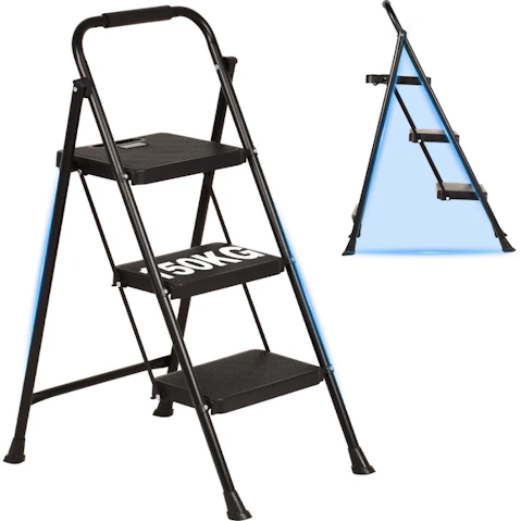 Advwin 3-Step Folding Steel Ladder with Wide Anti-Slip Pedals