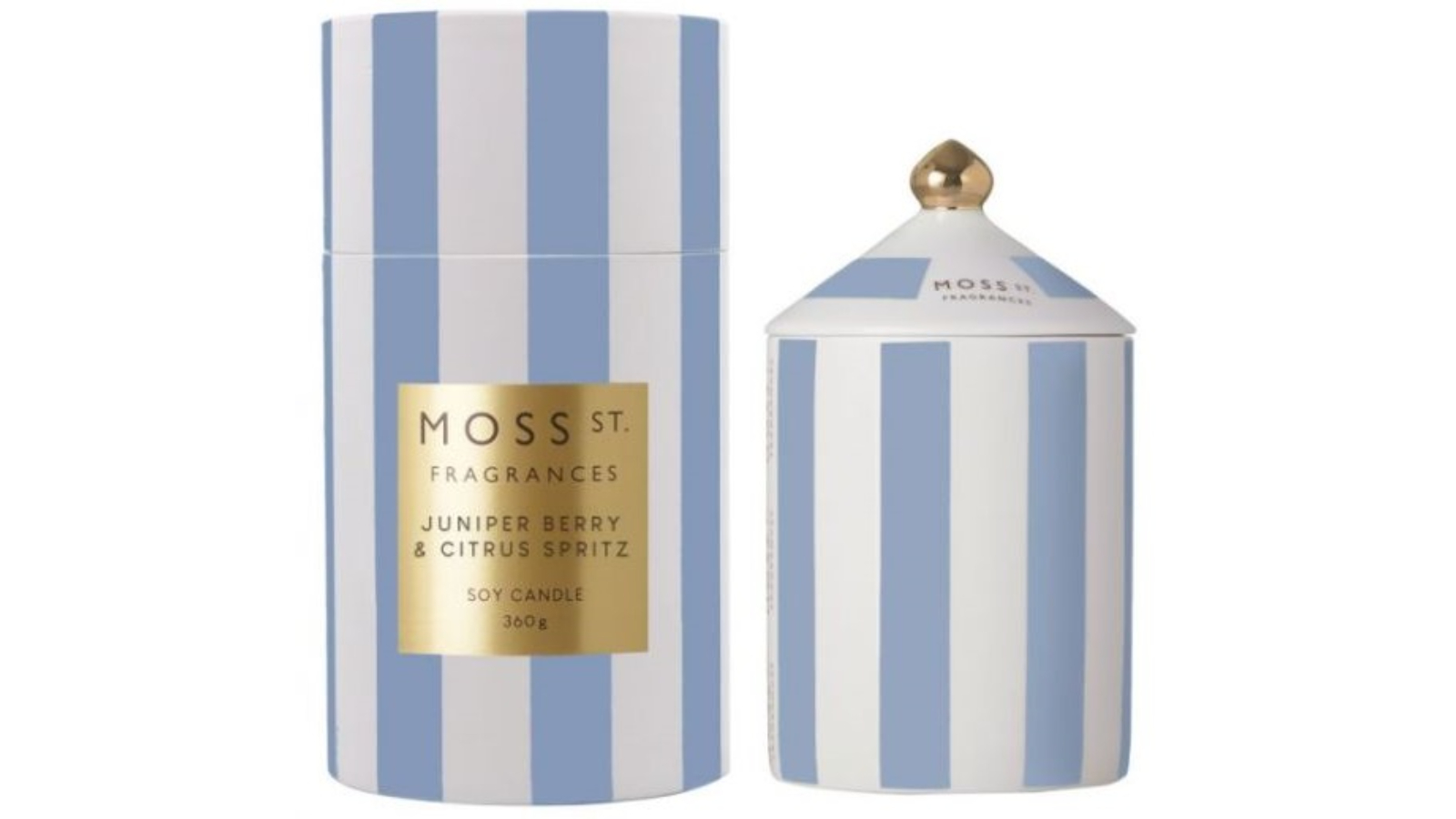 Moss St. Fragrances Signature Stripes Collection Juniper Berry and Citrus Spritz Ceramic Soy Candle - 360g