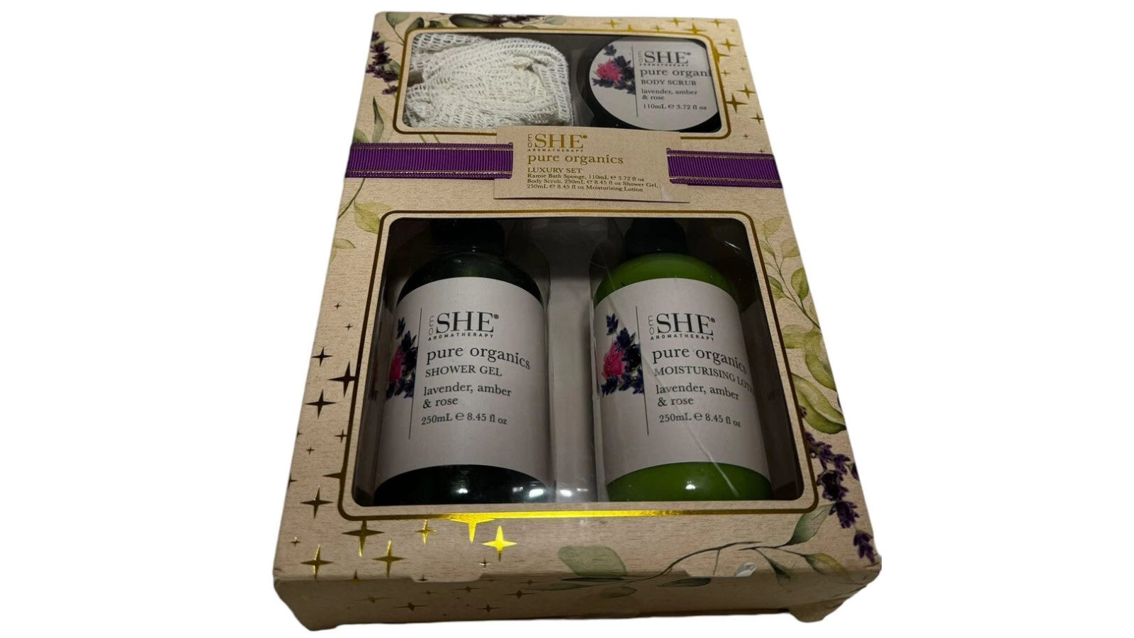 She Aromatherapy Pure Organics Luxury Spa Set Lavender Amber Rose Lotion Shower