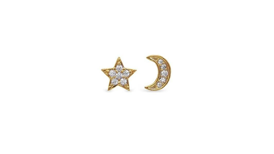 Ear Sense Pair F387 Gold Pave Sun and Moon Mismatched Earring