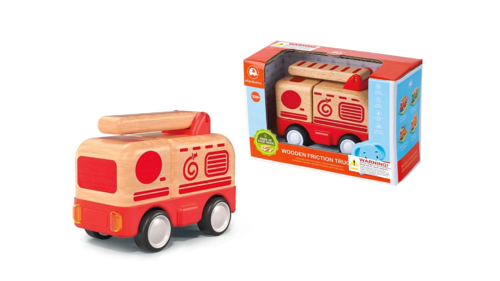 Wanborns Wooden Friction Truck Fire Engine with Sound and Light