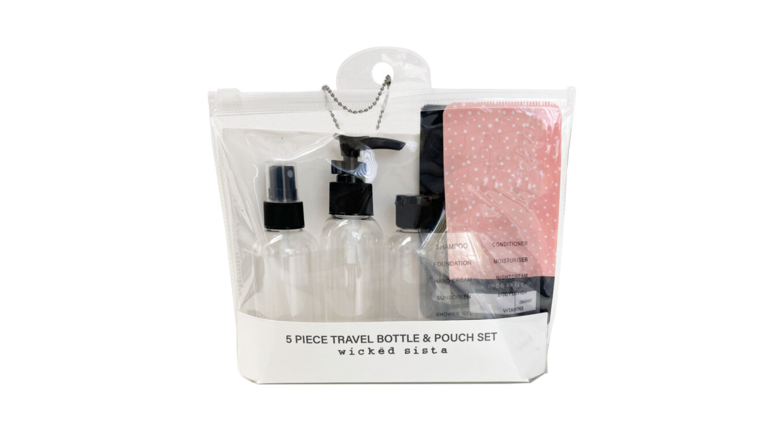 Wicked Sista Set of 5 Travel Bottle and Pouch - Pink/Black
