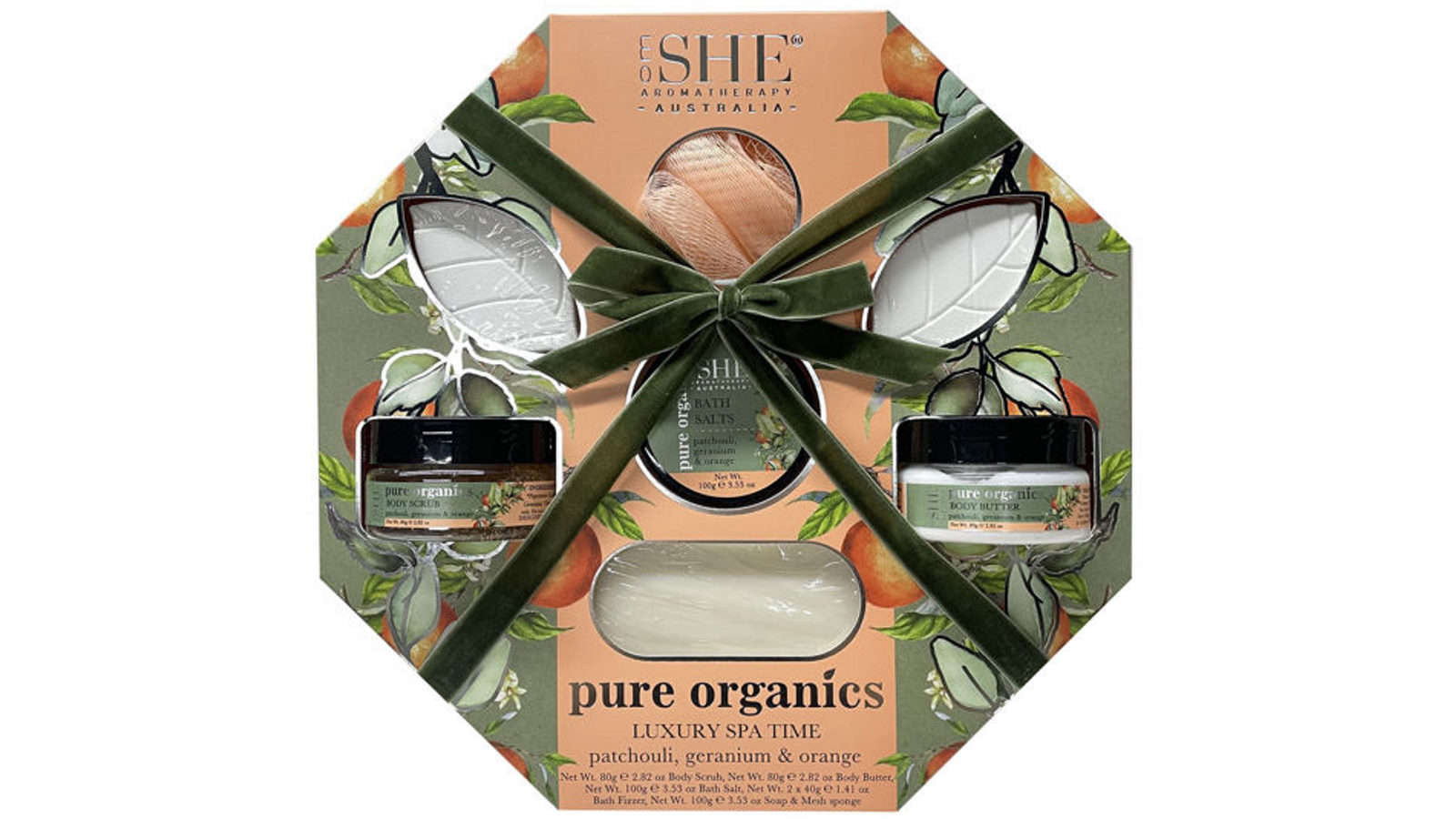 Om She Aromatherapy 4 Piece Pure Organics Luxury Spa Time Gift Set with Patchouli Geranium and Orange