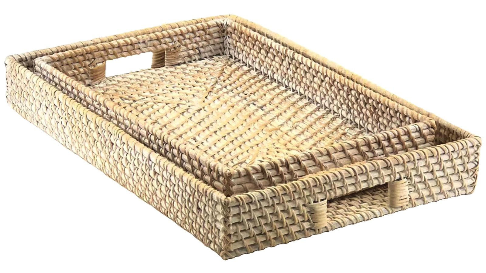 Nova Star White Wash Rattan Rectangular Serving Tray - Set of 2