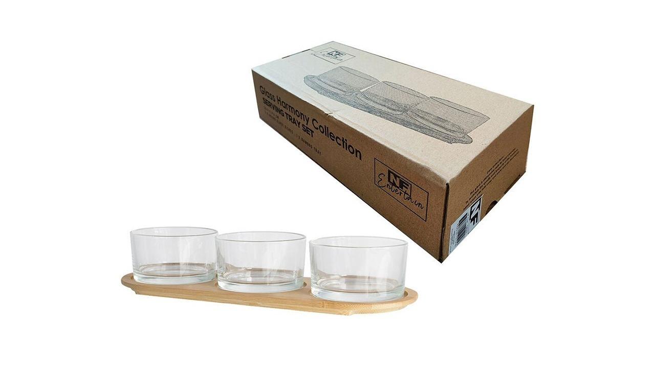 NF Living 3 Piece Natural Bamboo Serving Glass Tray with Bowl - 30cm