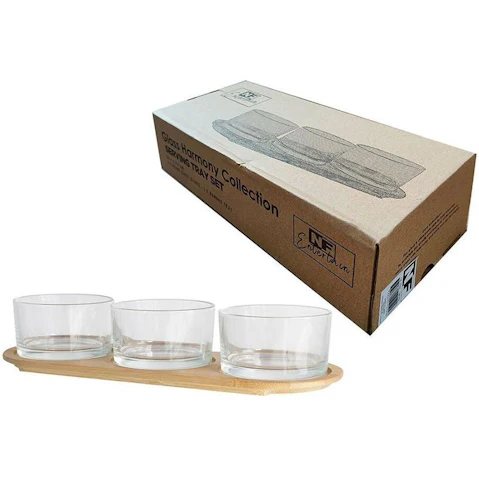 NF Living 3 Piece Natural Bamboo Serving Glass Tray with Bowl - 30cm