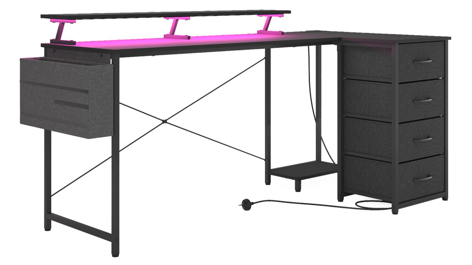 Advwin 160cm L Shaped Gaming Desk with LED Light and Monitor Stand - Black