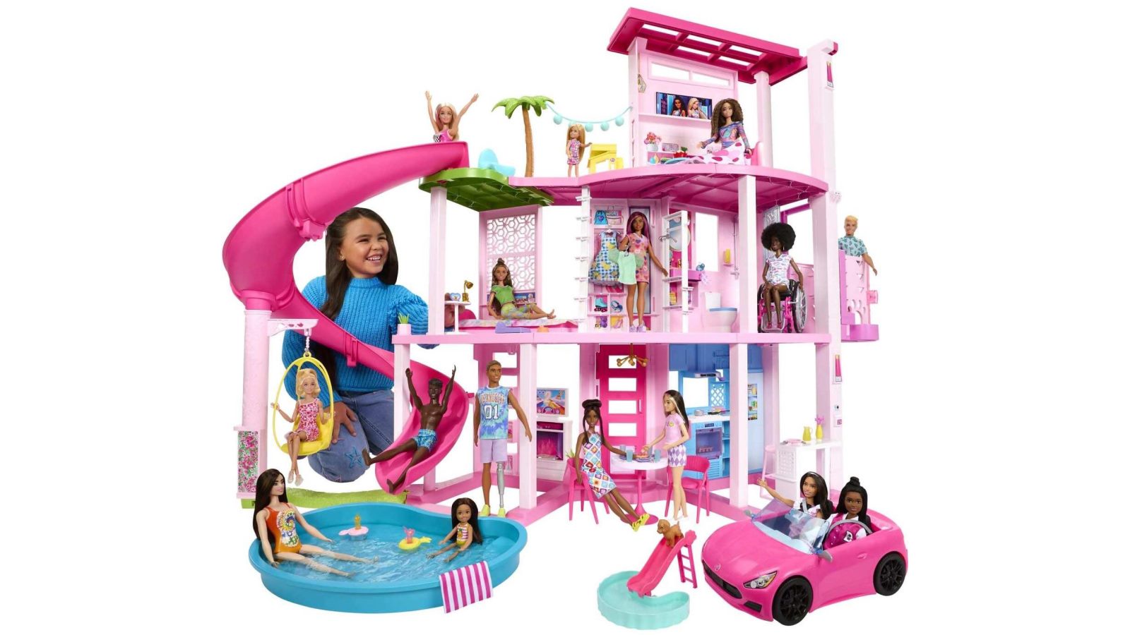 Barbie Dreamhouse 75 Pieces Pool Party Doll House With 3 Story Slide Mattel Harvey Norman