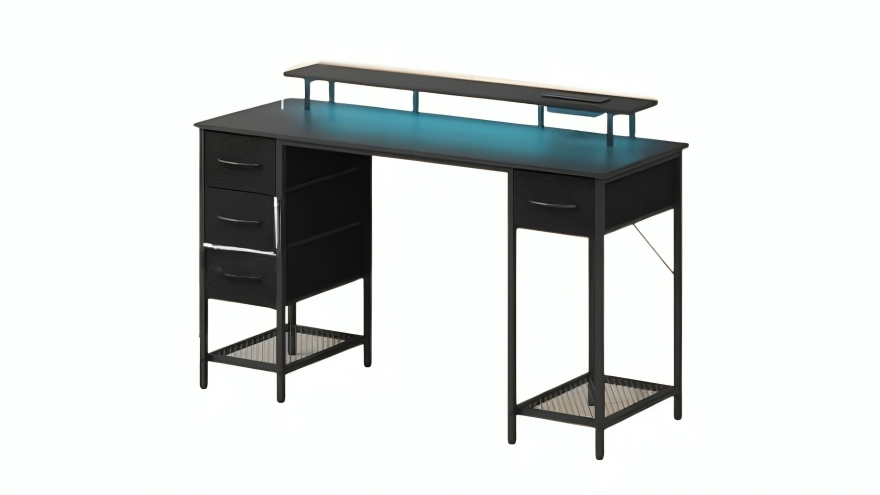 Advwin 137cm Gaming Desk with LED Light Power Outlet and Monitor Stand - Black