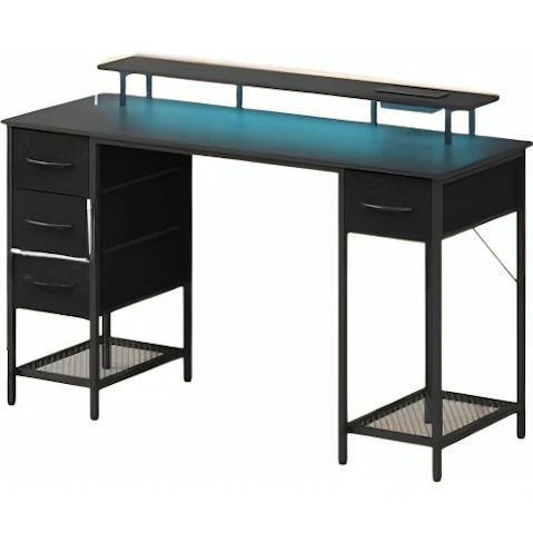 Advwin 137cm Gaming Desk with LED Light Power Outlet and Monitor Stand - Black
