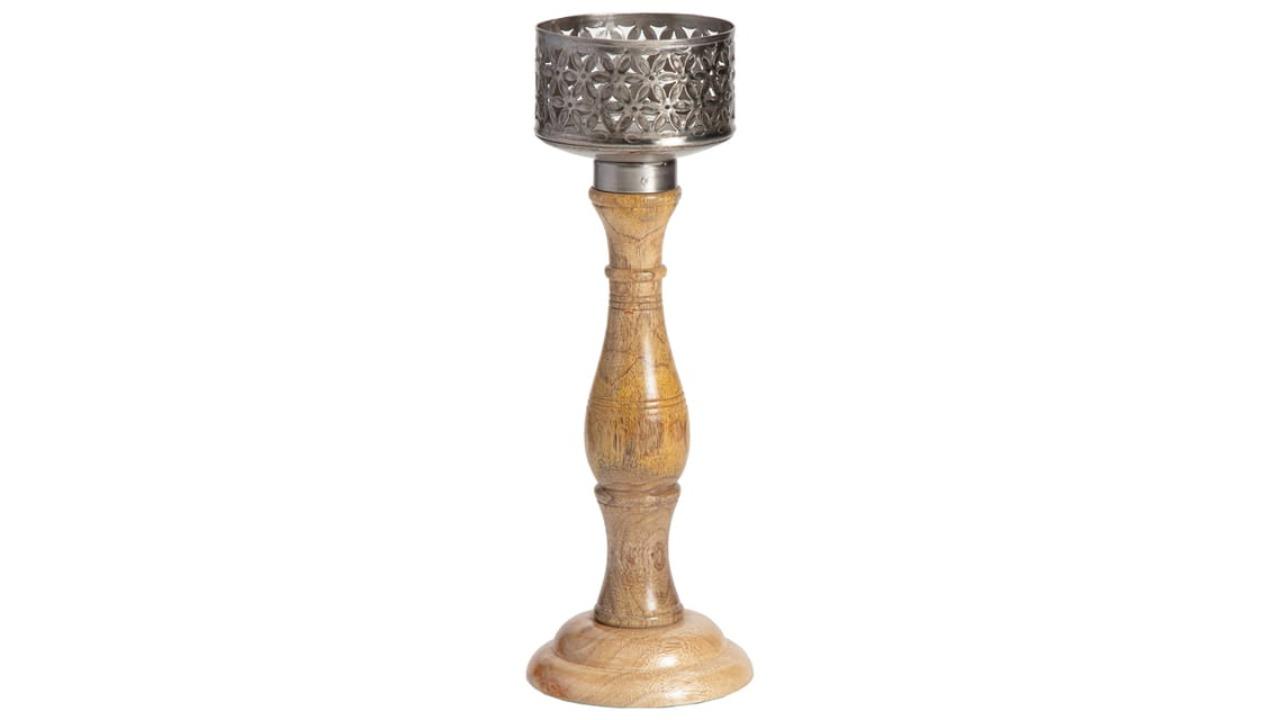 High St Wood Handcrafted Bloom Pillar Candle Holder - 35cm