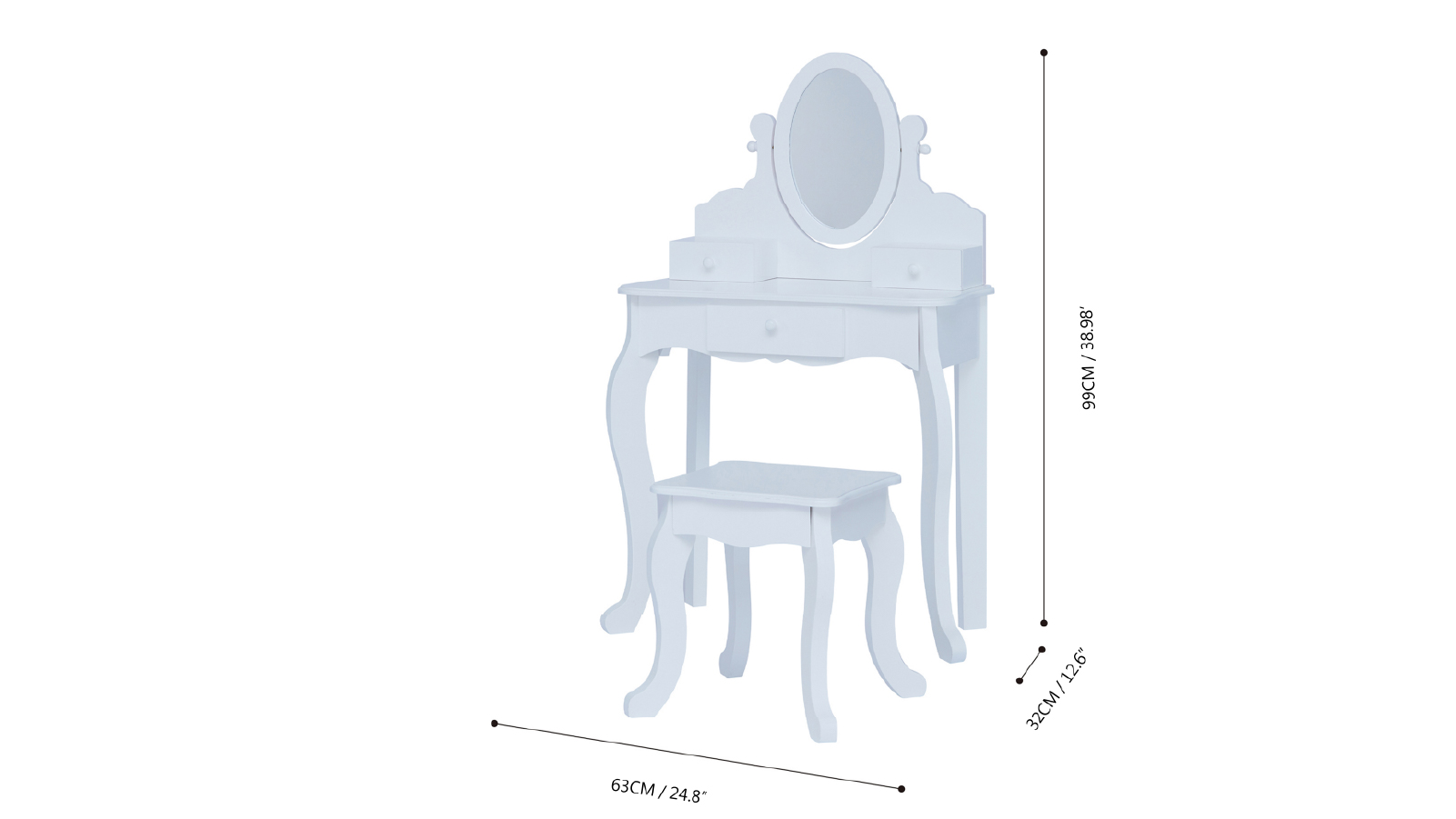 Fantasy Fields Little Princess Rapunzel Kids Vanity Table And Stool with Acrylic Mirror and Storage Drawers - White