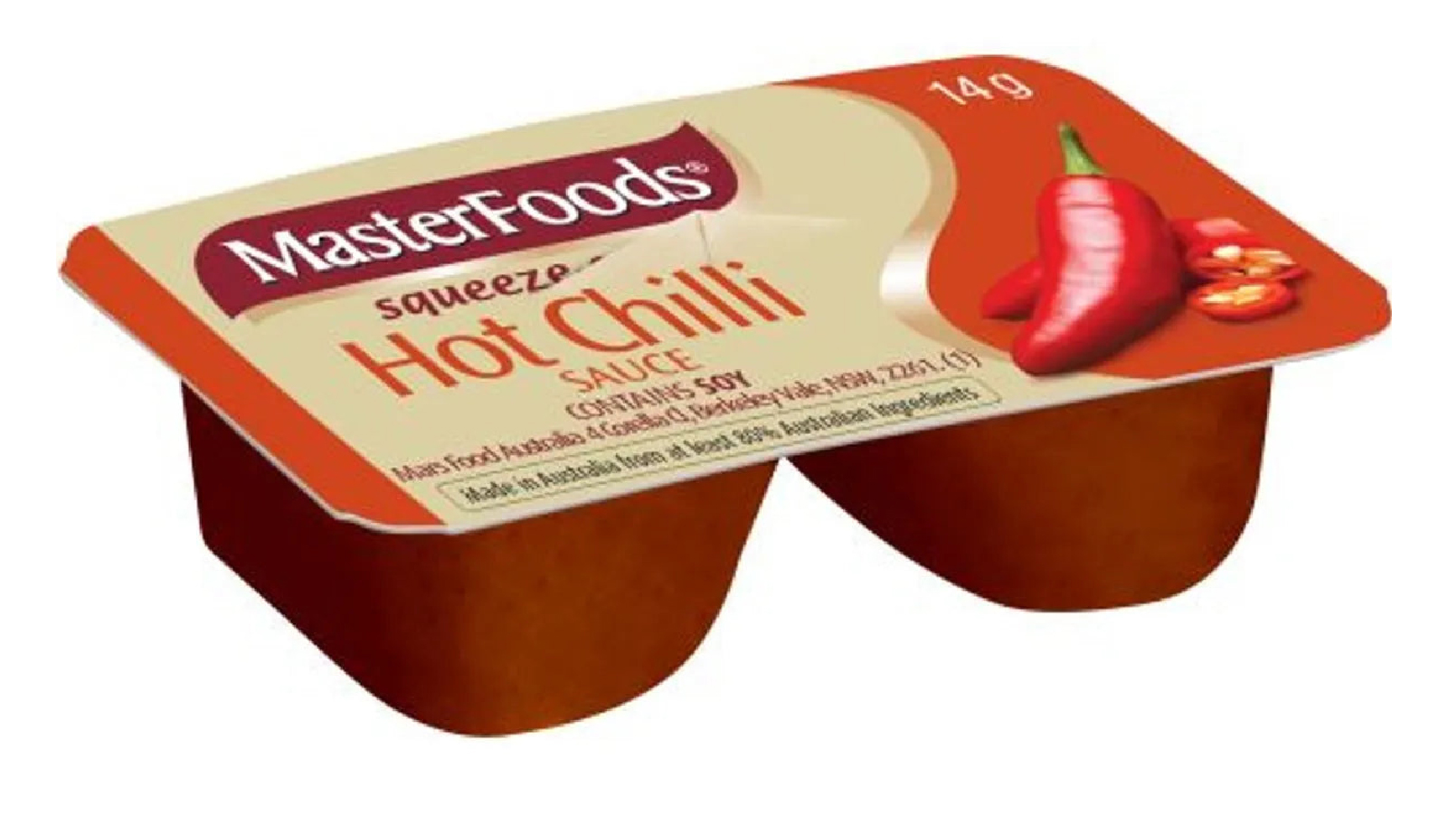 Masterfoods 100 Pack Carton Bulk Box 14g Hot Chilli Sauce Squeeze-On Individual Portions Squeezy