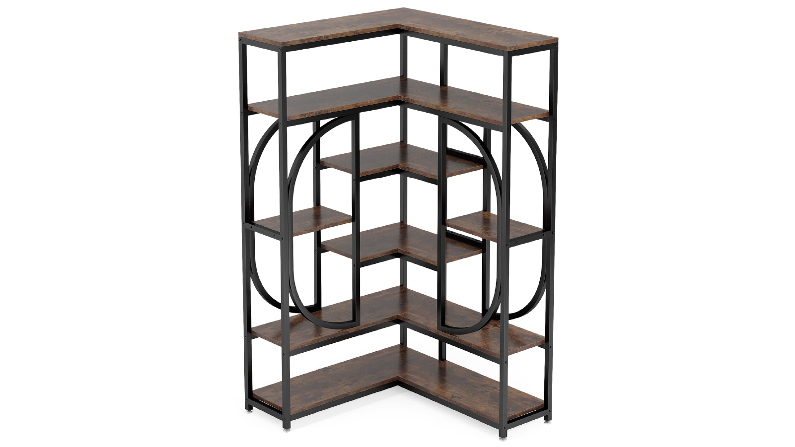 Oakory 176cm L Shaped Corner Bookshelf with 7 Tiers in Rustic Brown and Black