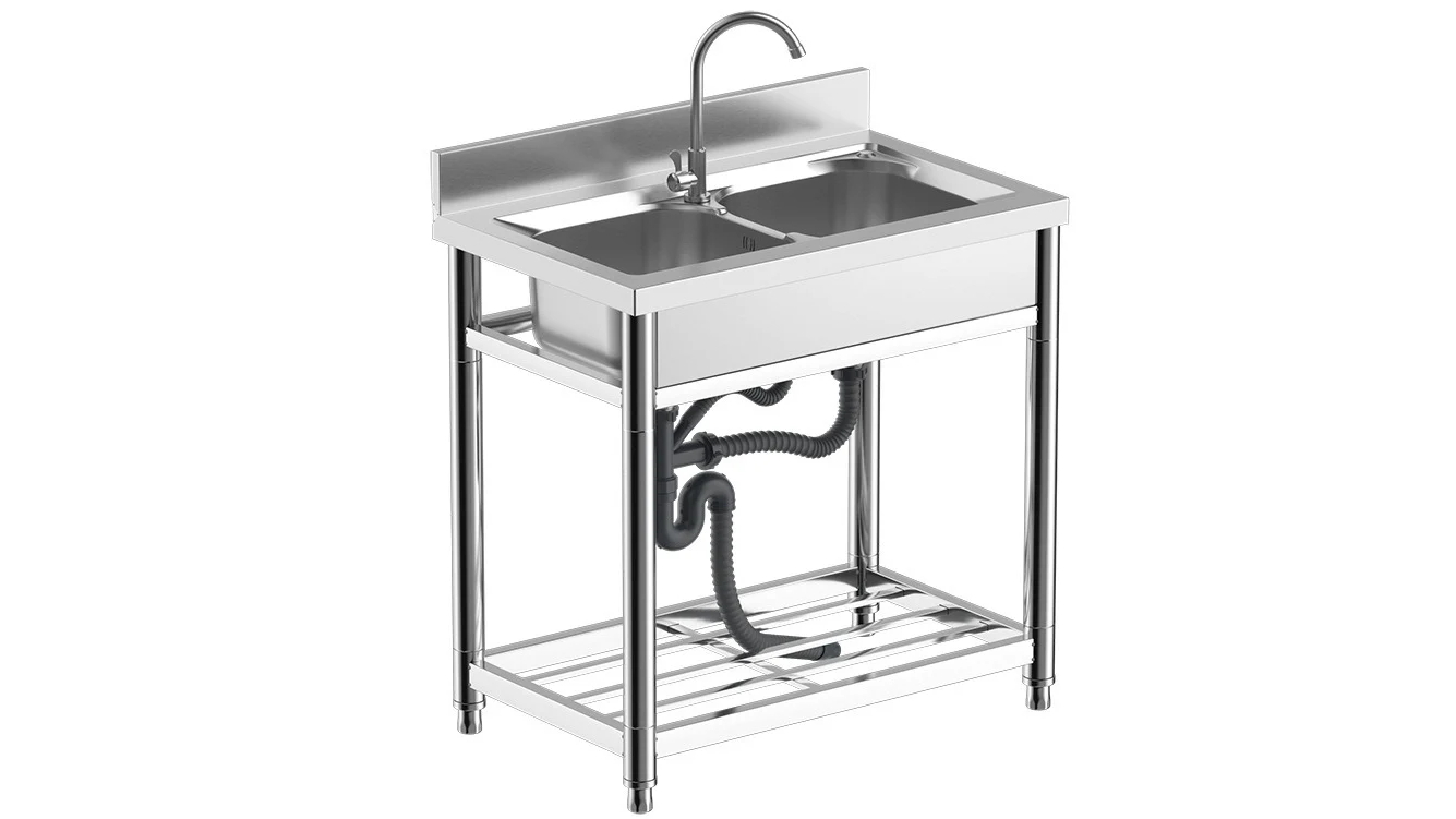 AUPK Commercial Freestanding Stainless Steel Double Sink with Pull-Out Tap