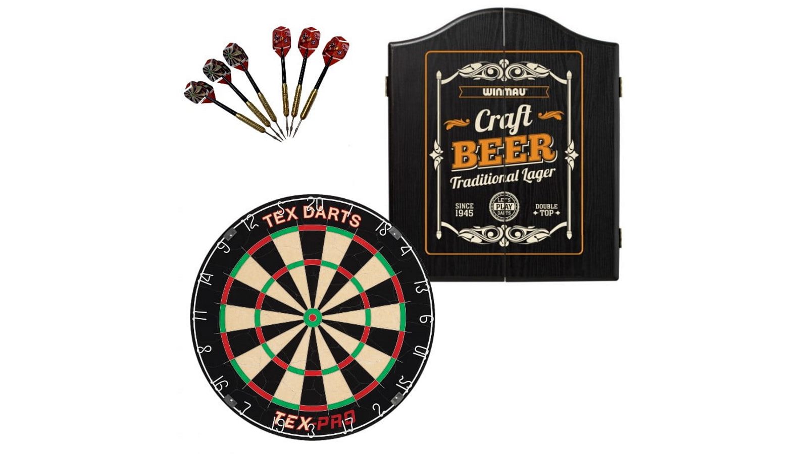 Tex Pro Dart Board Set Winmau Craft Beer Cabinet + Darts