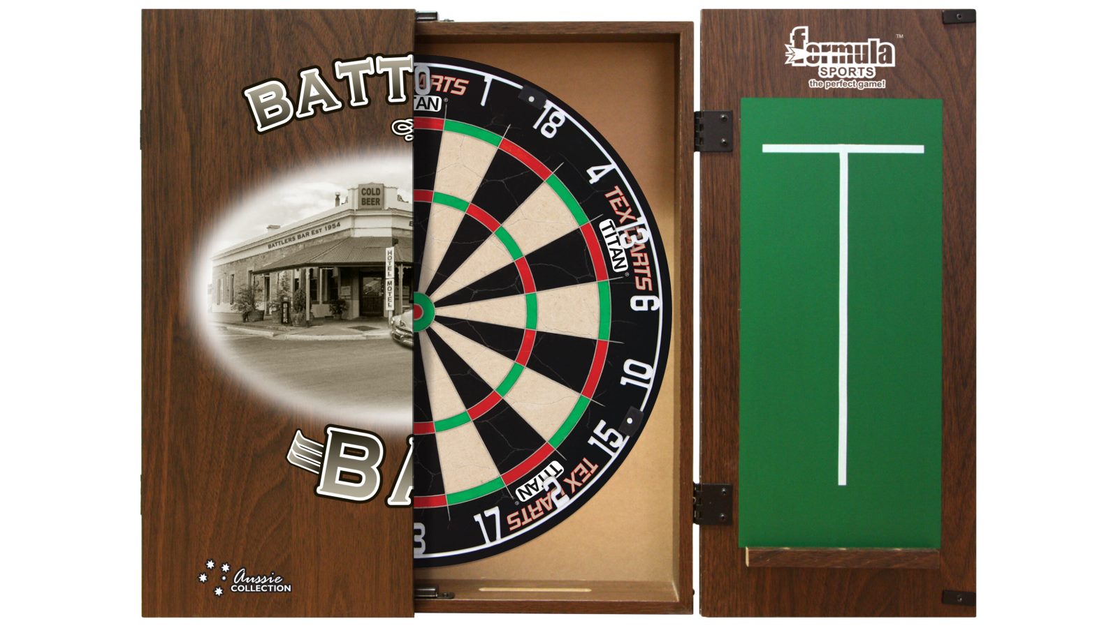 Tex Darts Titan Dart Board + Battlers Bar Holden Pub Cabinet + Darts