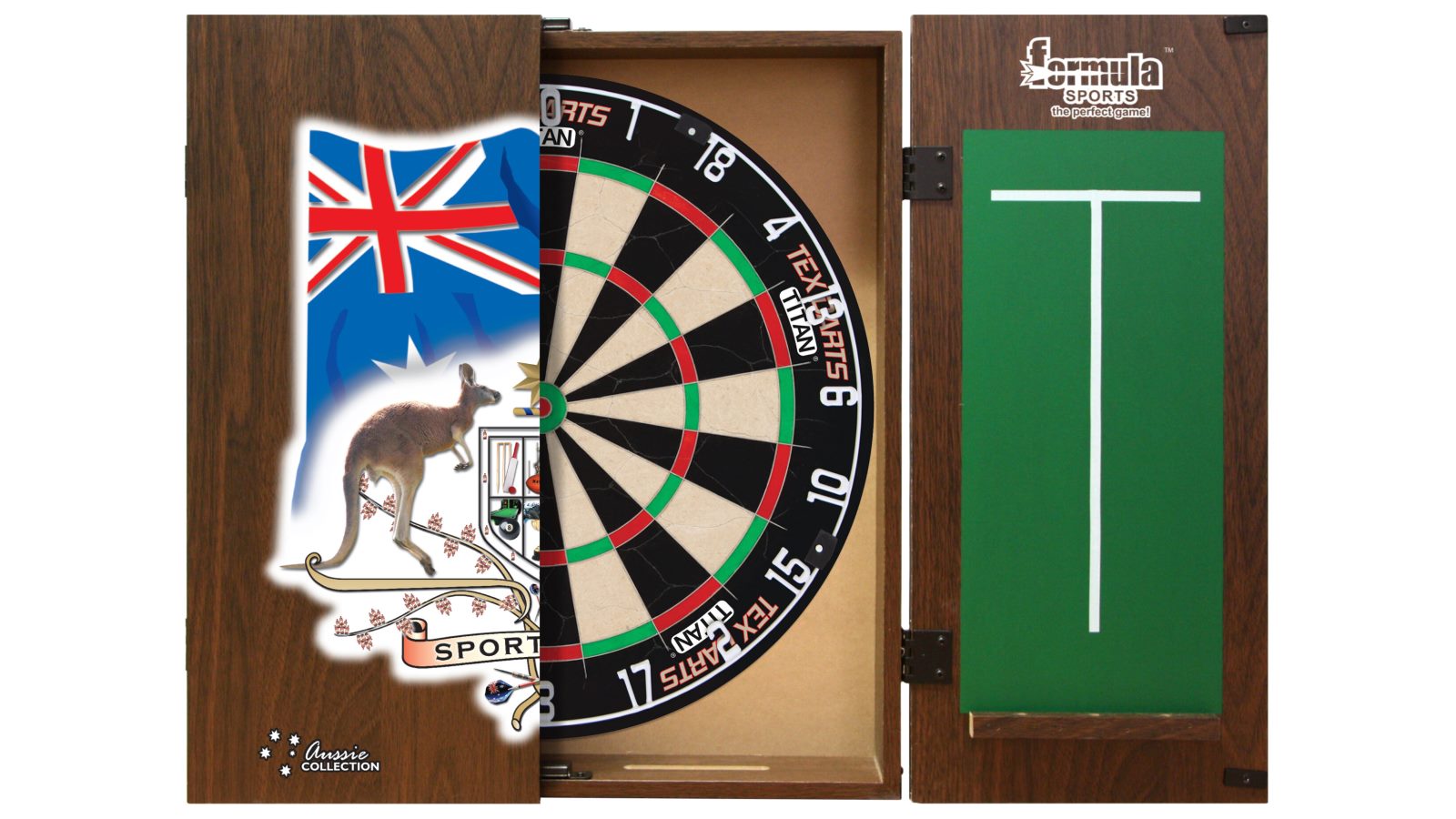 Tex Darts Titan Dart Board + Sports Bar Australian Coat of Arms Cabinet + Darts