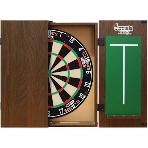 Tex Darts Titan Dart Board + Walnut Cabinet + Darts