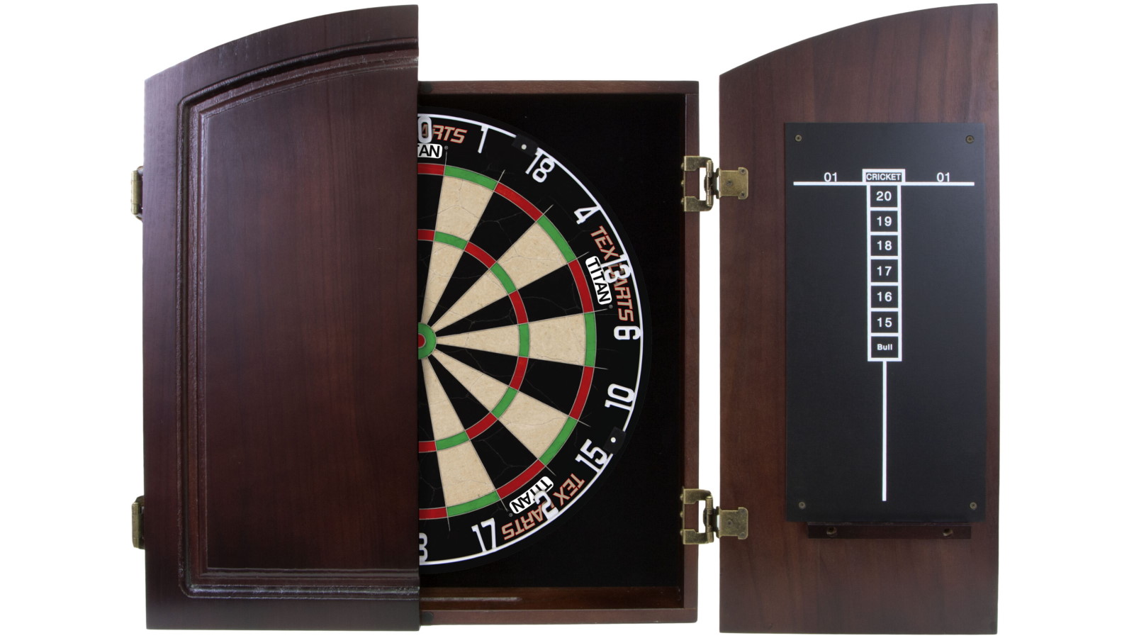Tex Darts Titan Dart Board with Solid Wood Timber Cherry Cabinet + Darts