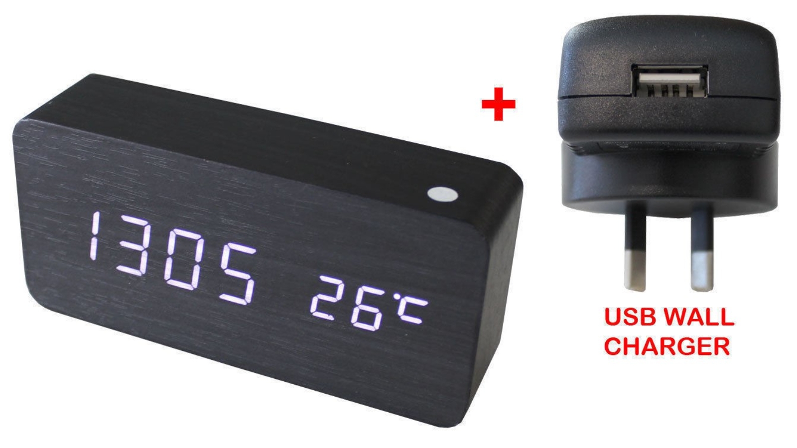 TODO White LED Wooden 3 Alarm Clock Temp Display with USB Wall Charger Wood 6035 - Black 