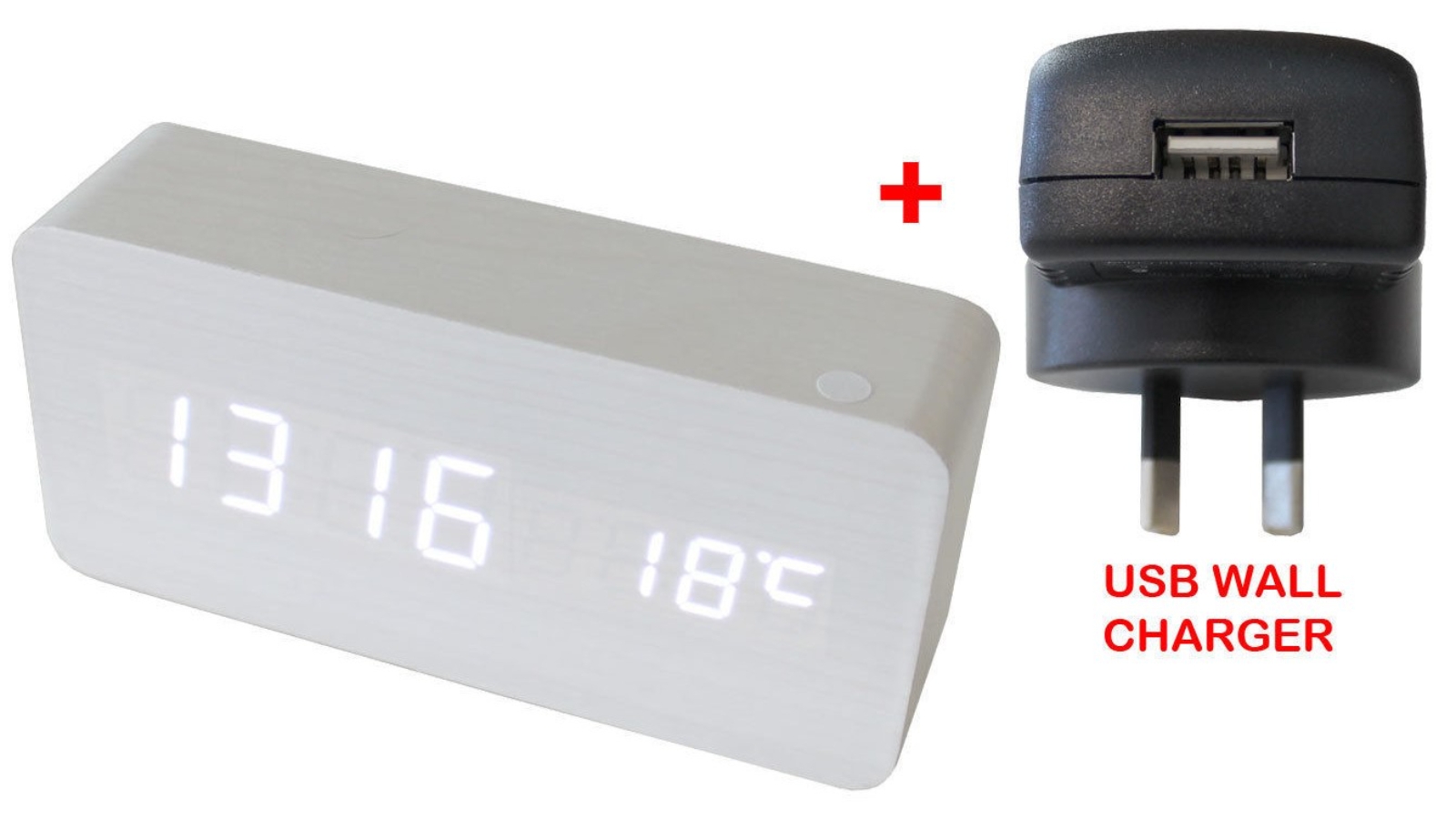 TODO White LED Wood Grain 3 Alarm Clock Temp Display with USB Wall Charger 6035 - White 