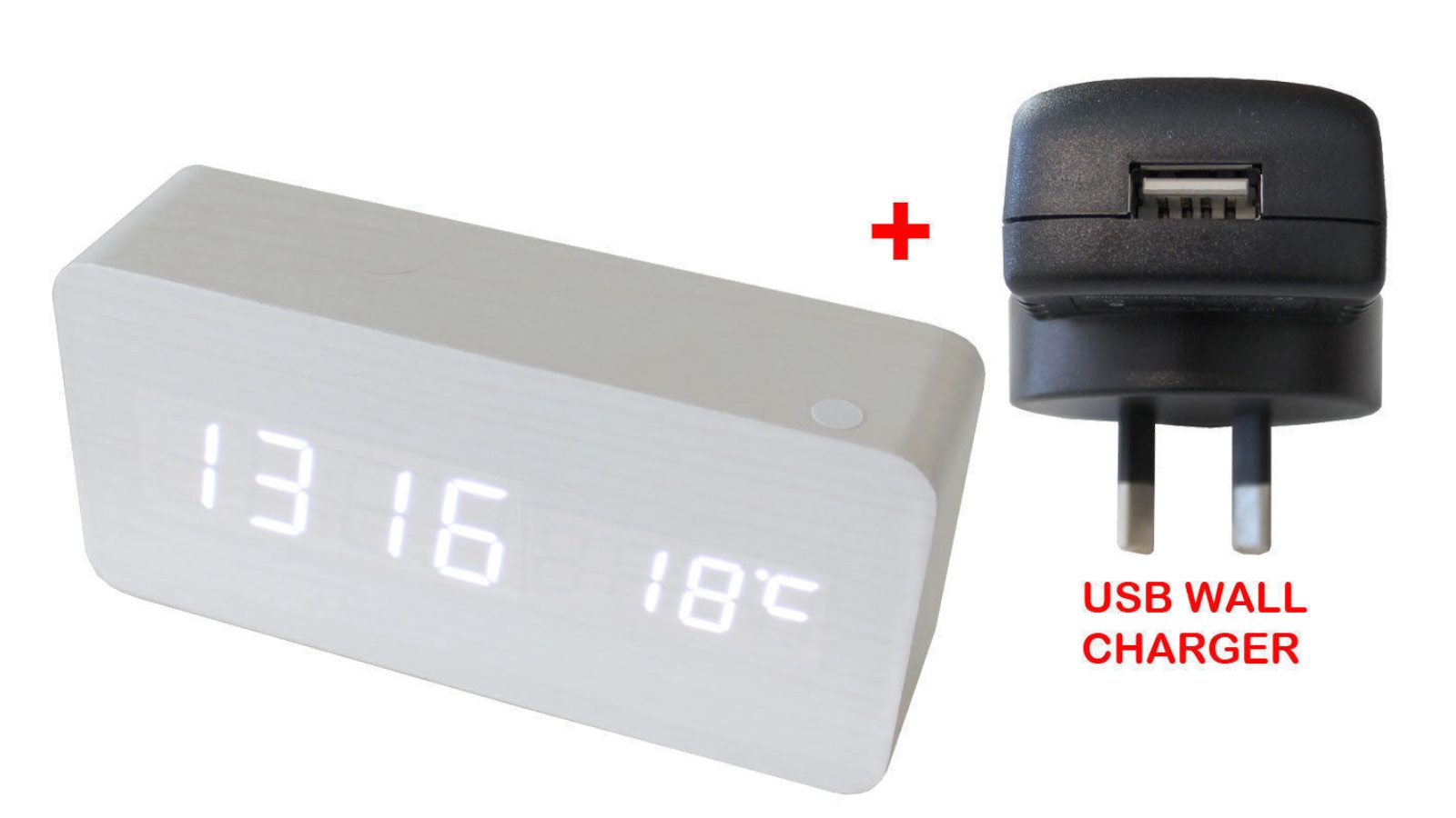 TODO White LED Wooden 3 Alarm Clock Temp Display with USB Wall Charger Wood 6035 - White 