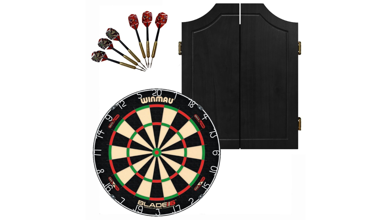 Winmau 6 Dual Core Blade + Solid Wood Black Cabinet + Dart Set