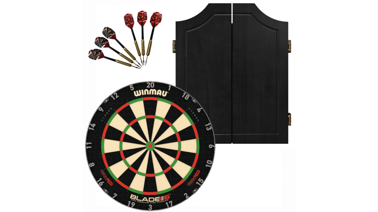Winmau 6 Triple Core Blade + Solid Wood Black Cabinet + Dart Set