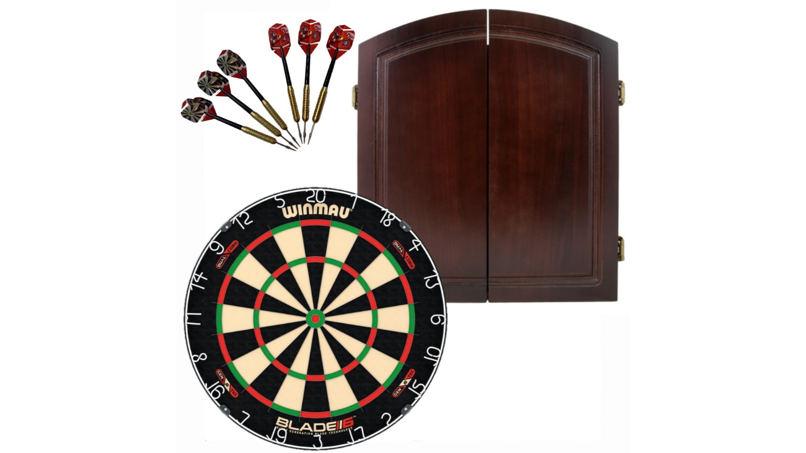 Winmau 6 Dual Core Blade + Solid Wood Cherry Cabinet + Dart Set