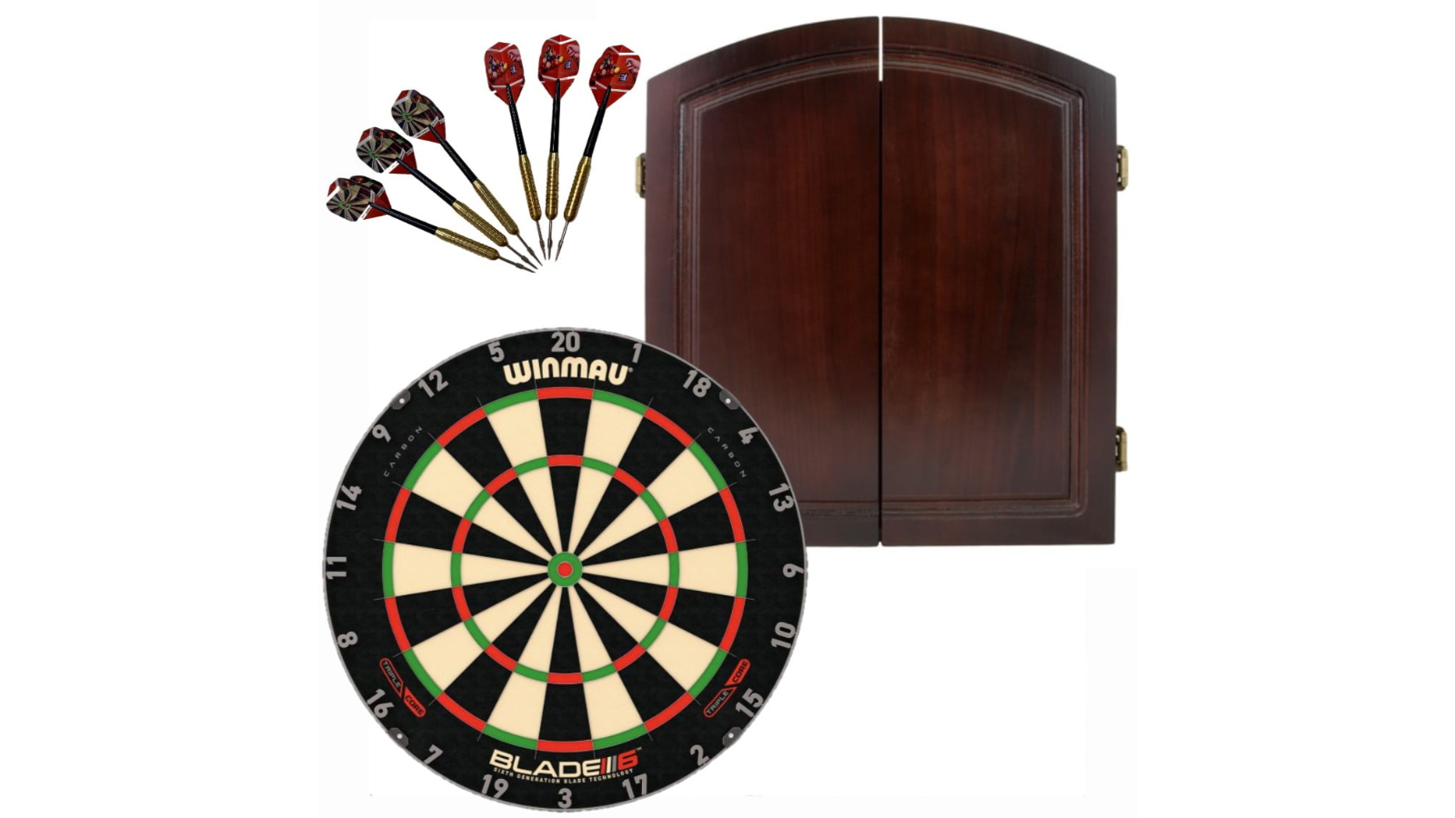 Winmau 6 Triple Core Blade + Solid Wood Cherry Cabinet + Dart Set