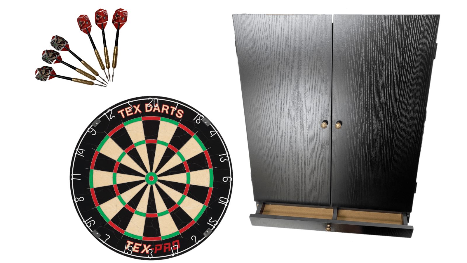 Tex Pro Dart Board and Tex Darts Board Cabinet with Storage Drawer - Black