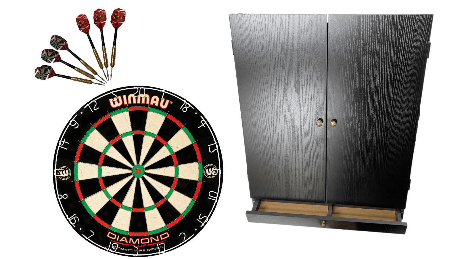 Winmau Diamond Plus Dartboard and Tex Darts Black Cabinet with Storage Drawer