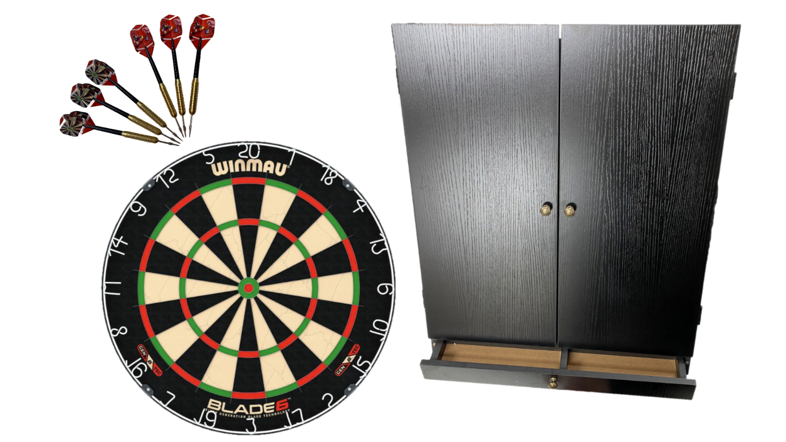 Winmau 6 Piece Dart Board Blade Tex Cabinet with Storage Drawer - Black 