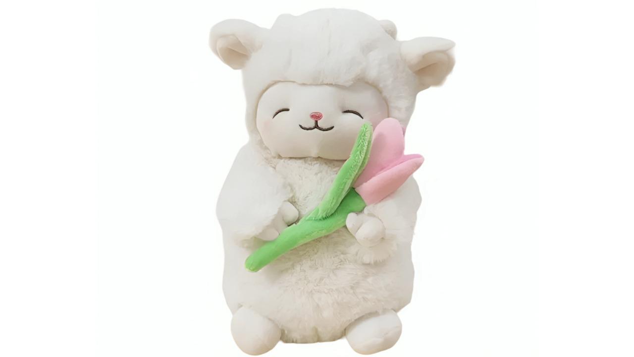 NNEOBA Kawaii White Sheep Lamb Plush with Tulip Flower