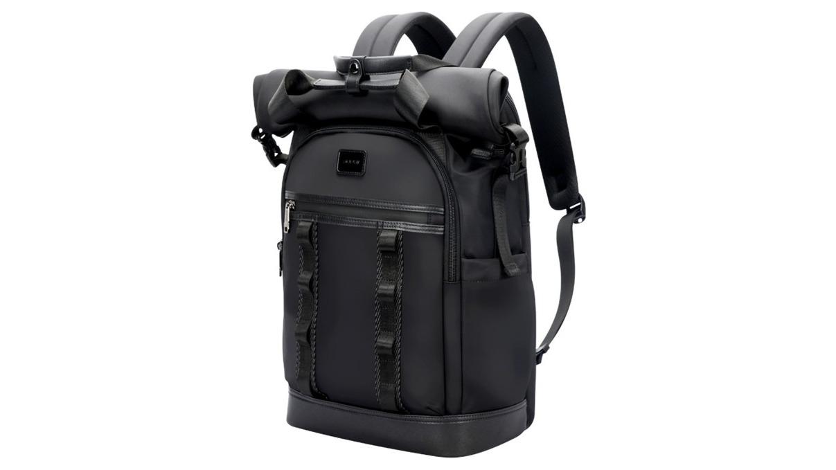 Bopai Black Roll-Top Leather Travel Backpack  - 36L