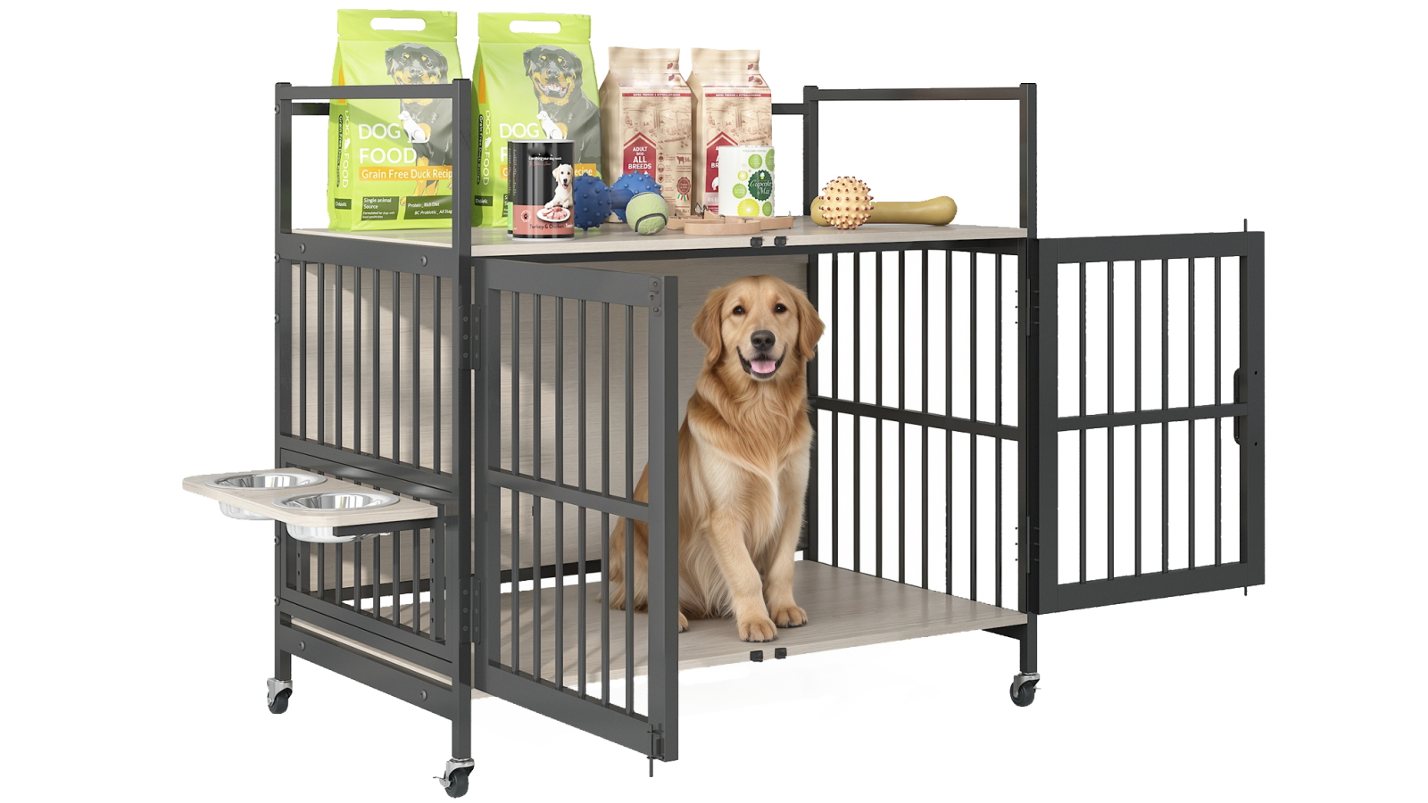 Advwin Heavy Duty Dog Kennel With 2 Bowls - Black/Grey