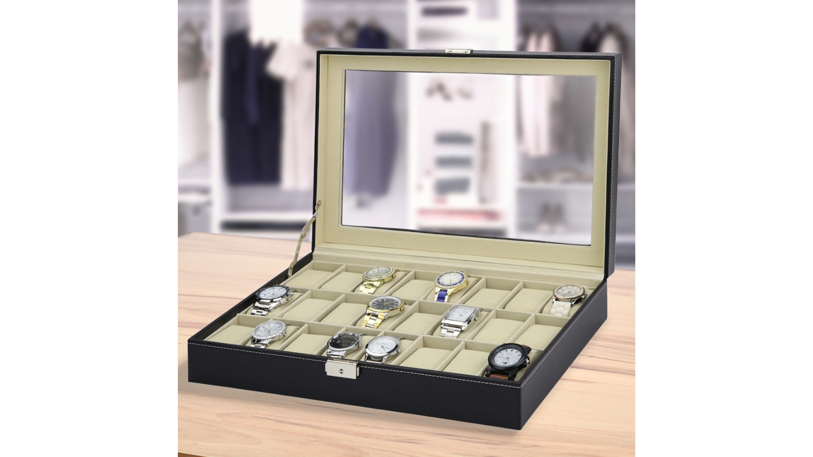 Luxury watch box velvet pillow slots premium display case with framed glass lid sale