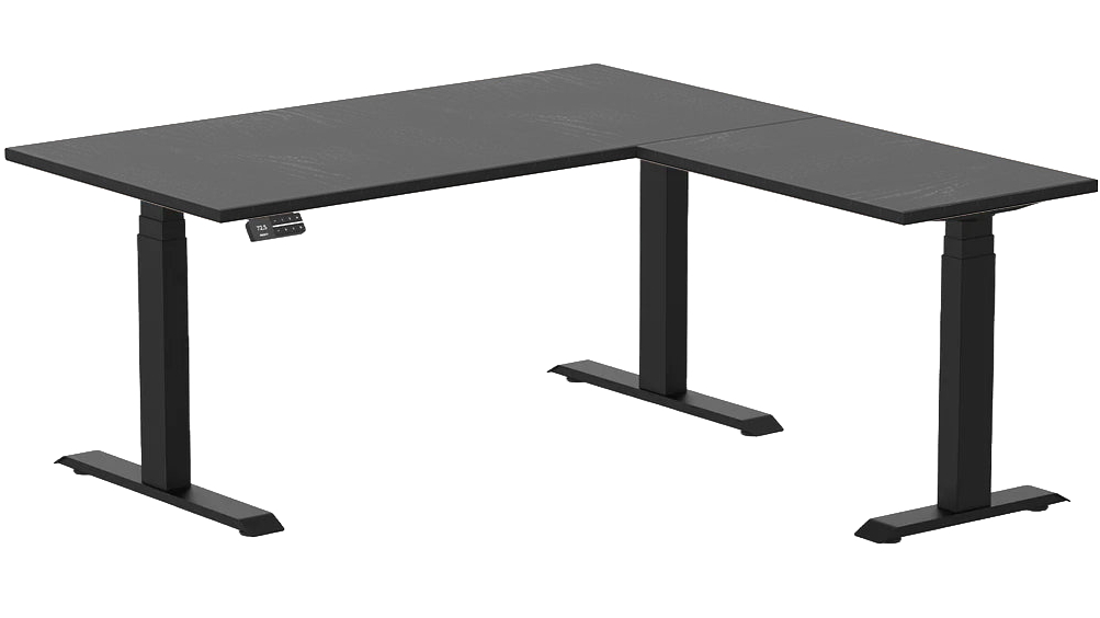 Desky 150 x 75 x 155 x 50cm Black Ash Hardwood L-Shape Sit Stand Desk - Matte Black