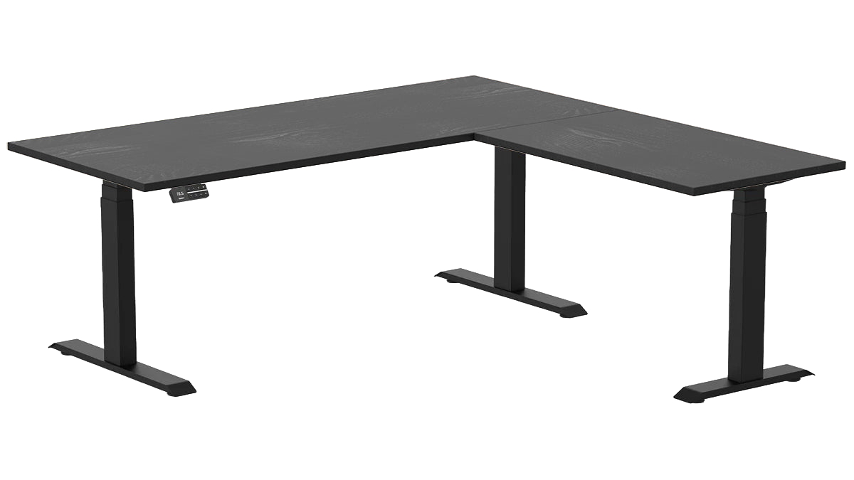 Desky 180 x 75 x 175 x 60cm Black Ash Hardwood L-Shape Sit Stand Desk - Matte Black