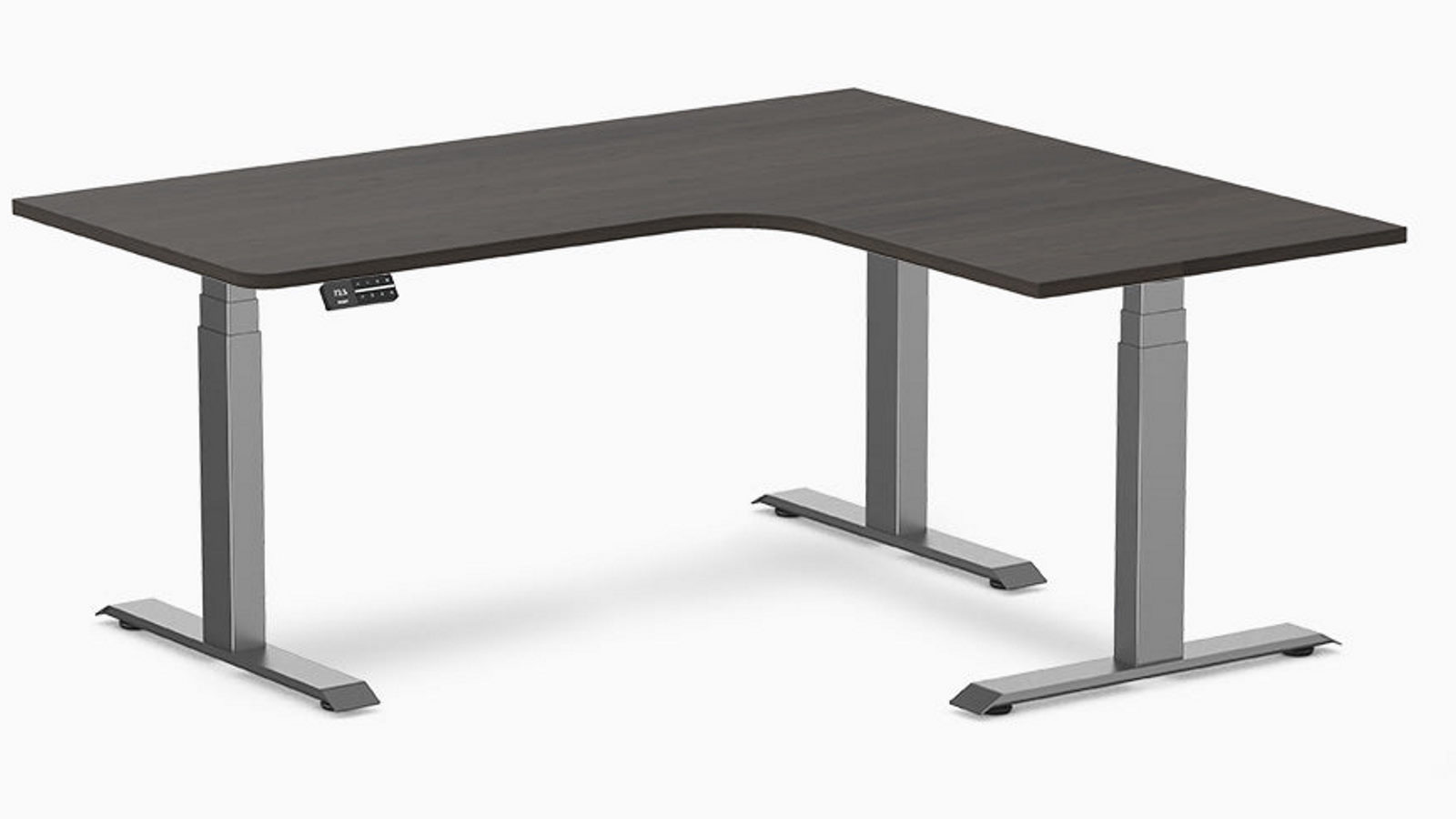 Desky Burnished Wood/Space Grey L-Shape Melamine Sit Stand Desk - 160 x 140cm