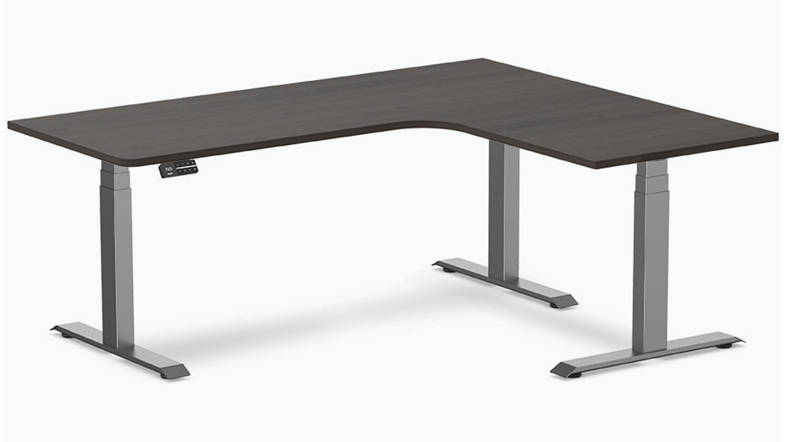 Desky Burnished Wood/Space Grey L-Shape Melamine Sit Stand Desk - 180 x 150cm