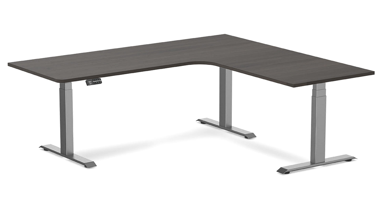 Desky Burnished Wood/Space Grey L-Shape Melamine Sit Stand Desk - 200 x 180cm