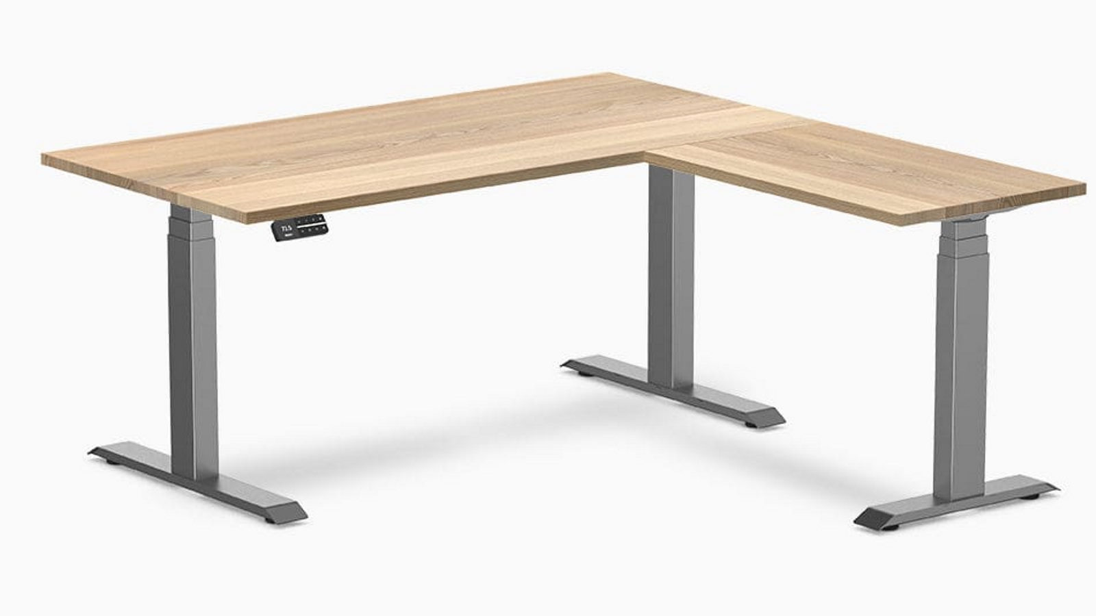 Desky White Ash/Space Grey Hardwood L-Shape Sit Stand Desk - 150 x 75 x 155 x 50cm