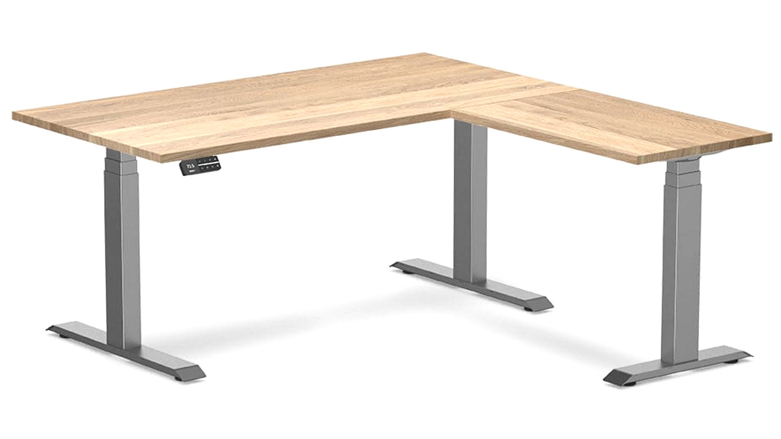 Desky White Oak/Space Grey Hardwood L-Shape Sit Stand Desk - 150 x 75 x 155 x 50cm