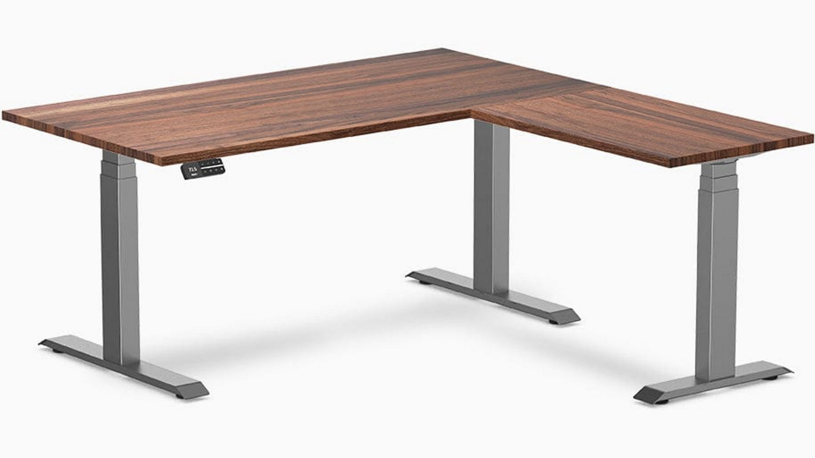 Desky Walnut/Space Grey Hardwood L-Shape Sit Stand Desk - 150 x 75 x 155 x 50cm