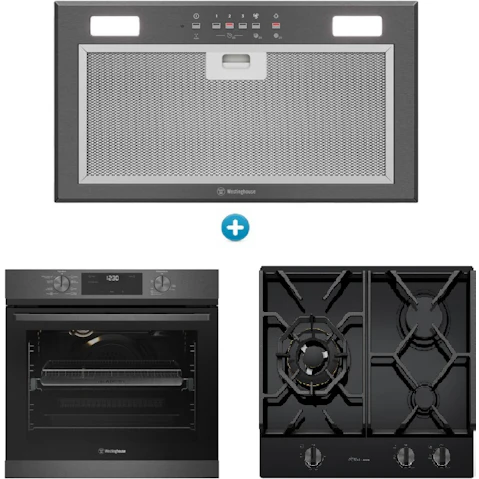 Westinghouse 600mm Multi-Function 8 Oven with Air Fry with 3 Burner Gas Cooktop and Integrated Rangehood