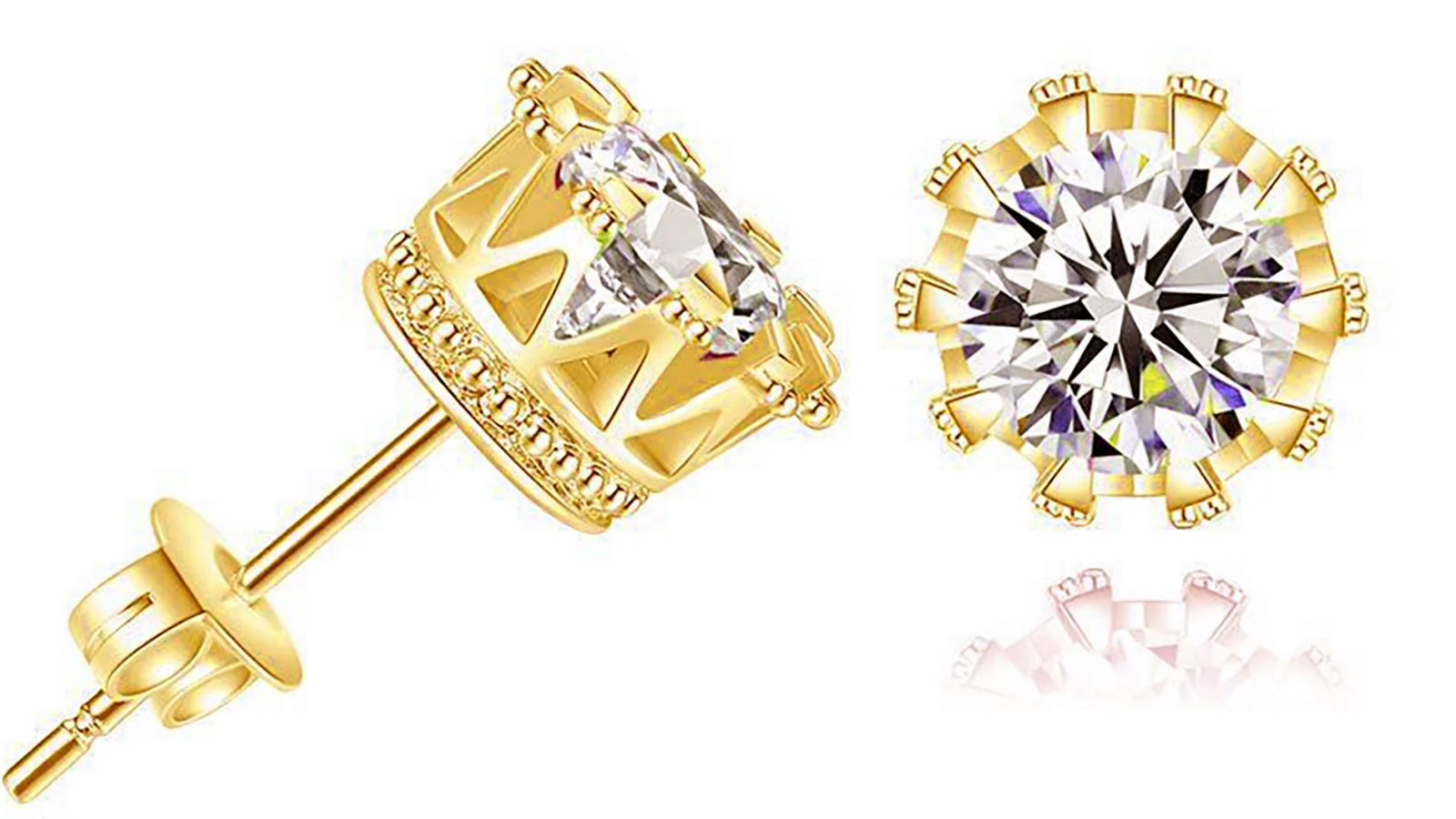 Poetic Dove 14k Yellow Gold Plated Crown Women Men CZ Crystal Solitaire Stud Earrings